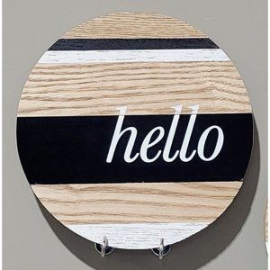 8" Round HELLO Wooden Wall Hang Natural Finish w/ Black & White Paint Stripes